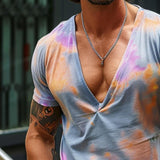 Men's Casual Irregular Contrast Color V-neck T-shirt 08498589TO