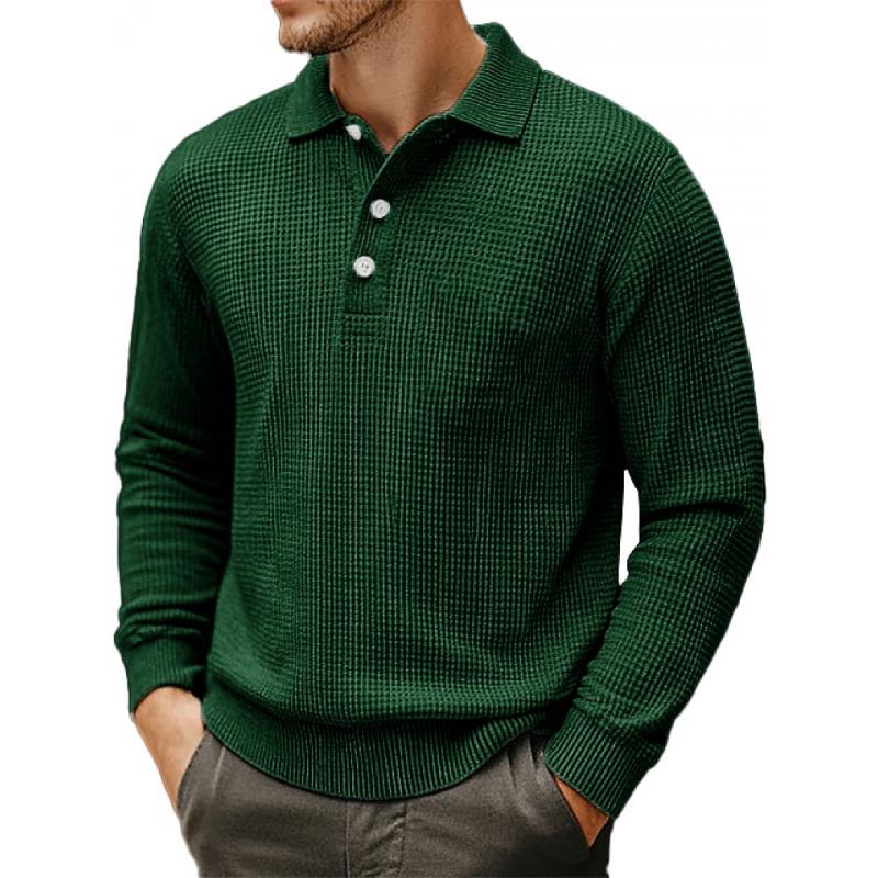 Men's Casual Waffle Loose Lapel Long Sleeve Polo Shirt 98910967M