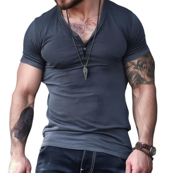 Men's Solid Buttons V Neck Short Sleeve Casual T-shirt 05291147Z