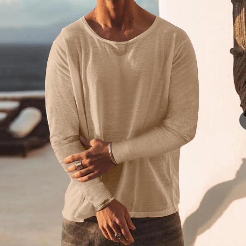 Men's Solid Loose Round Neck Long Sleeve Linen T-shirt 57497281Z