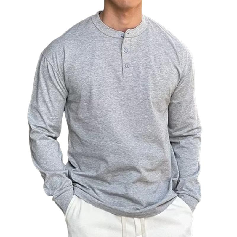 T-shirt Henley à manches longues pour homme, style décontracté, couleur unie, style vintage, 63138846TO