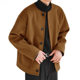 Men's Casual Wool Blended Round Neck Single Breasted Loose Jacket 86768020M