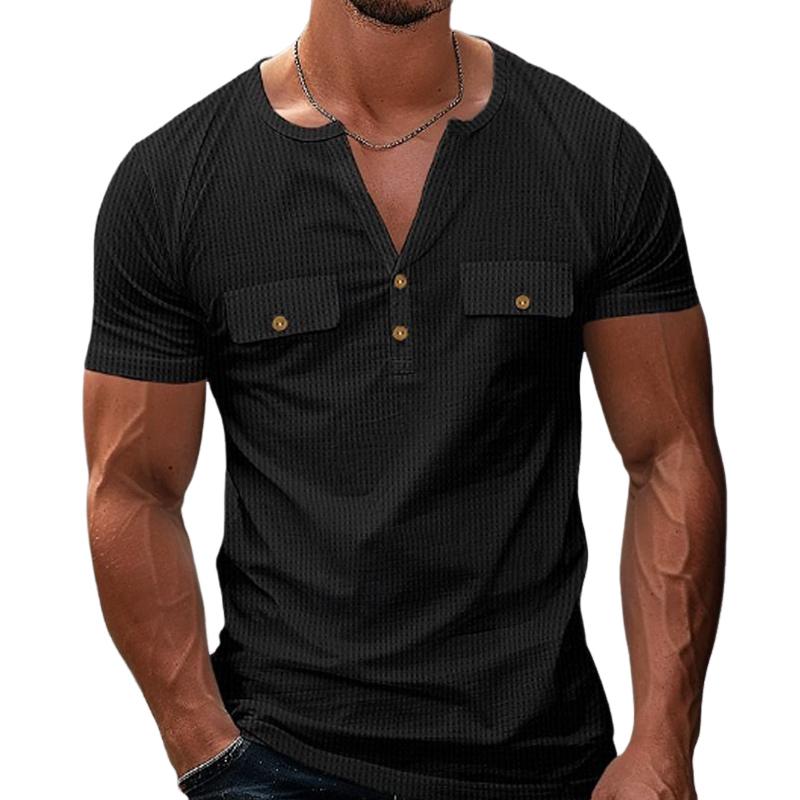 Men's Solid Waffle Button V-Neck Short Sleeve T-Shirt 18942446Y