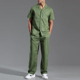 Men's Solid Cotton And Linen Lapel Short Sleeve Shirt Trousers Casual Set 16940390Z