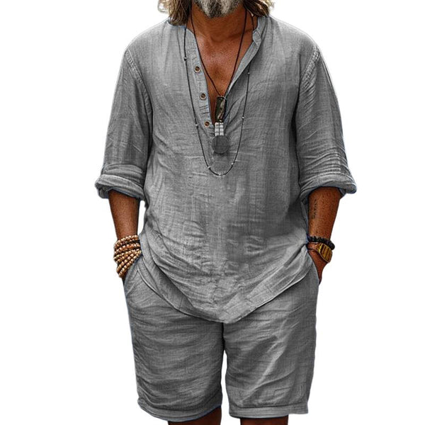 Men's Cotton And Linen Button-Down Round Neck Long-Sleeved Shirt And Shorts Set 95610373Y