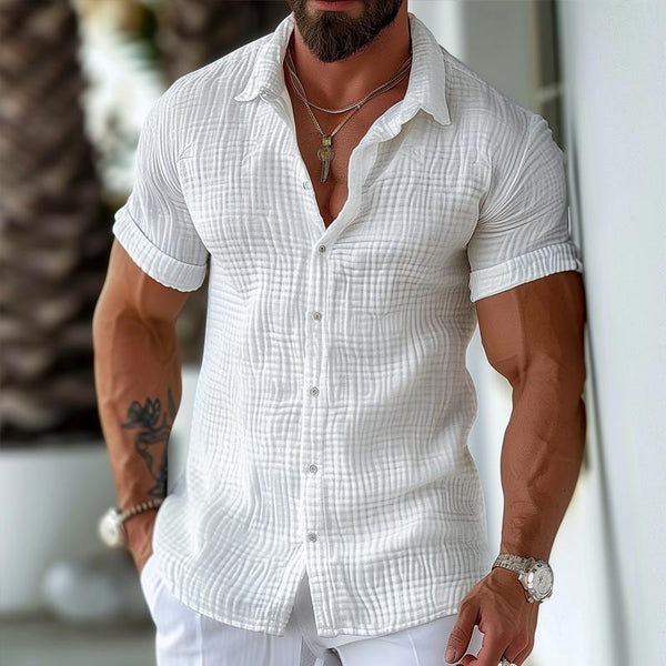 Men's Solid Cotton And Linen Lapel Short Sleeve Casual Shirt 41917946Z