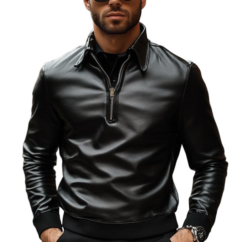 Men's Classic Casual Lapel Zipper Leather Long Sleeve Polo Shirt 69452942K