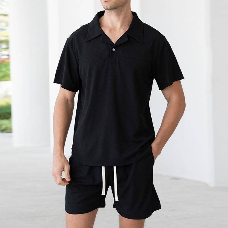 Men's Solid Waffle Lapel Short Sleeve T-shirt Shorts Casual Set 74054150Z