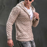 Men's Solid Cable Hooded Zipper Long Sleeve Knit Cardigan 76097913Z
