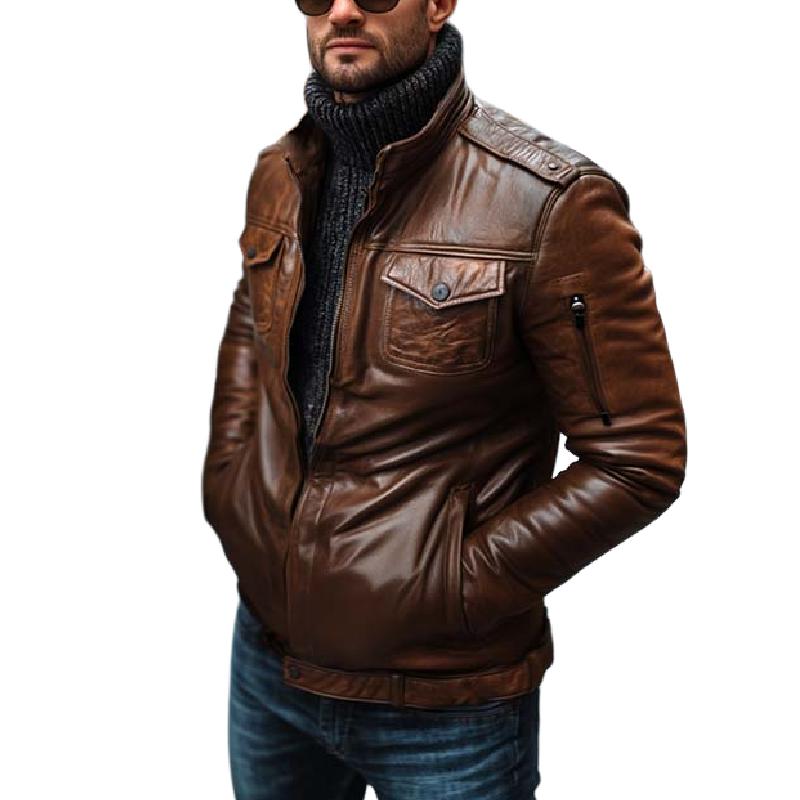 Men's Vintage Classic Gentleman Multi-Pocket Stand Collar Leather Jacket 13977515K