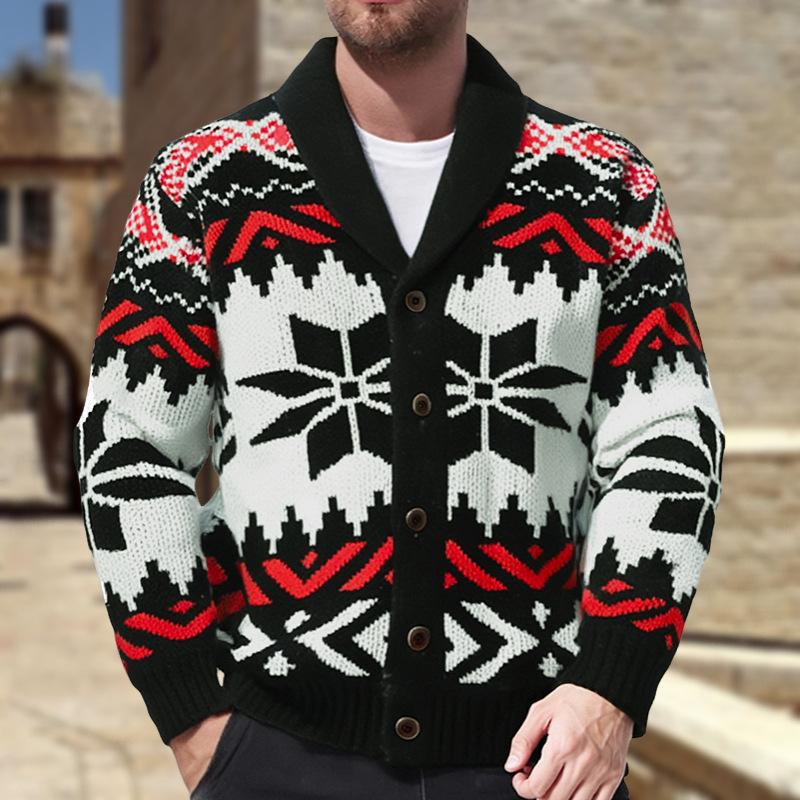 Men's Vintage Christmas Jacquard Lapel Single Breasted Knit Cardigan 66875790M