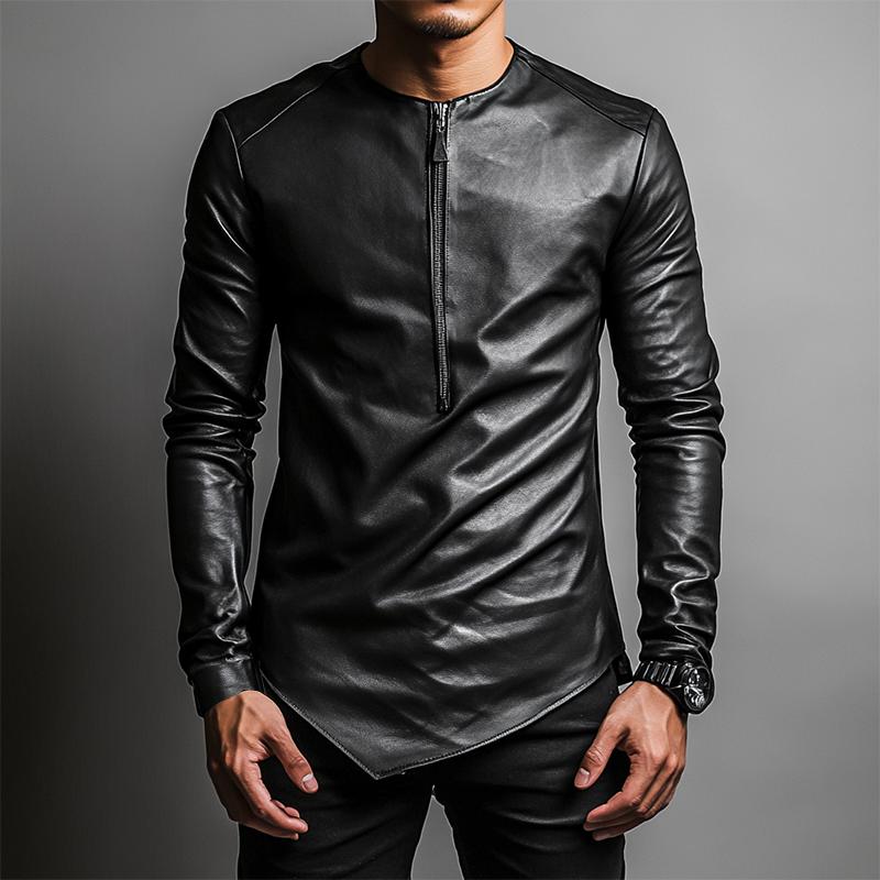 Men's Casual  Round Neck Irregular Hem Leather Long Sleeve T-shirt 82551647K