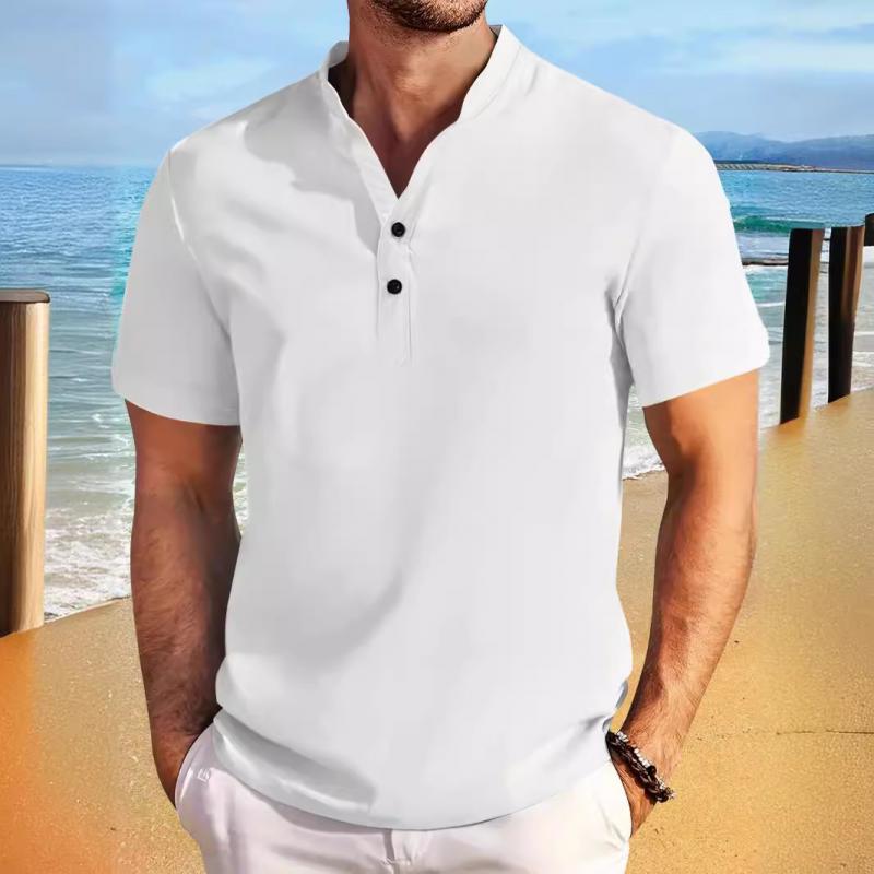 Chemise décontractée à manches courtes et col Henley en mélange de coton et de lin pour homme 24699260M