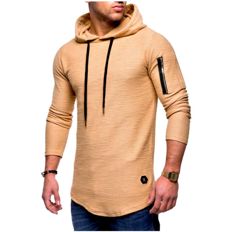 Men's Classic Casual Arm Zipper Solid Color Crew Neck Hooded Long Sleeve T-Shirt 86433370K