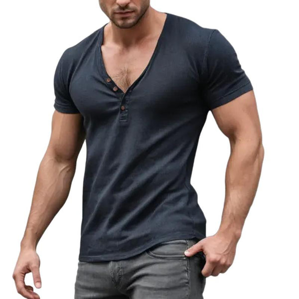 Men's Solid Color Henley V-Neck Slim Fit Short Sleeve T-Shirt 14362417Y