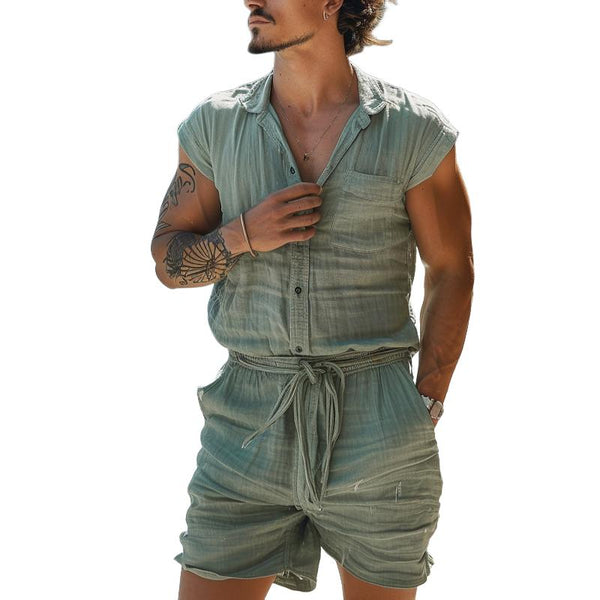 Men's Cotton And Linen Lapel Chest Pocket Shirt Shorts Jumpsuit 80973859Y
