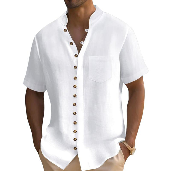 Men's Casual Stand Collar Button Chest Pocket Short Sleeve Shirt 49706279Y