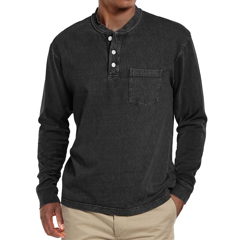 Men's Solid Henley Collar Chest Pocket Long Sleeve T-shirt 22248789Z