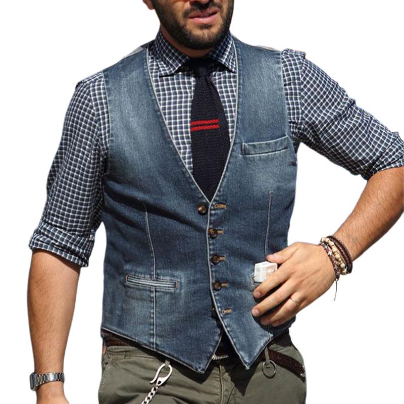 Men's Vintage V-Neck Washed Denim Vest 07818399U