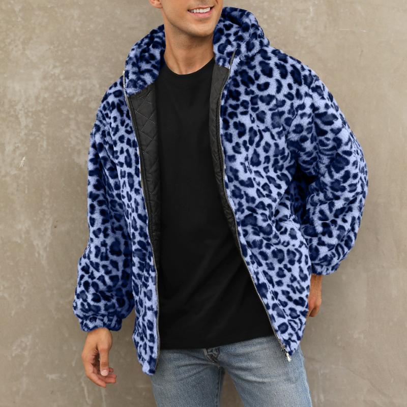 Men's Fashion Leopard Print Warm Fleece Zipper Padded Bomber Jacket 83611903M