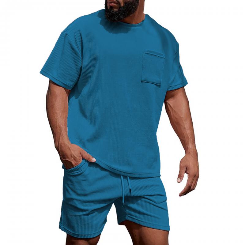 Men's Thin Corduroy Round Neck T-Shirt Shorts Set 04943908Y
