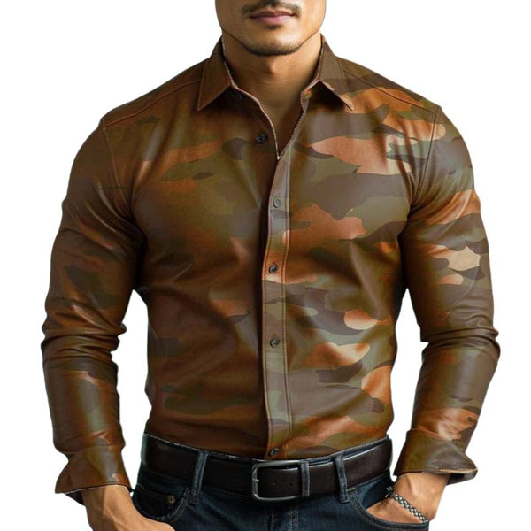 Men's Classic Casual Camouflage Slim Fit Leather Long Sleeve Shirt 41785903K