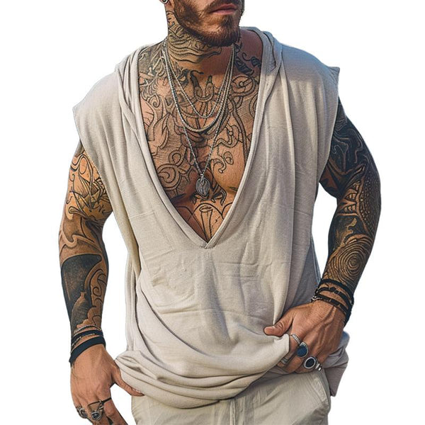 Men's Casual Linen V-Neck Sleeveless Hooded T-Shirt70035968TO