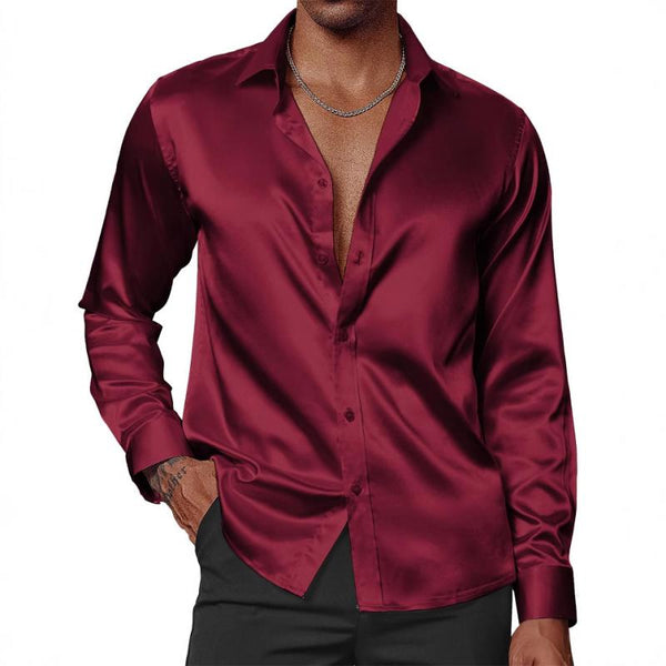 Men's Casual Solid Color Satin Lapel Long Sleeve Shirt 51577471Y