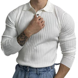 Men's Solid Striped Lapel Long Sleeve Casual Polo Shirt 78081957Z