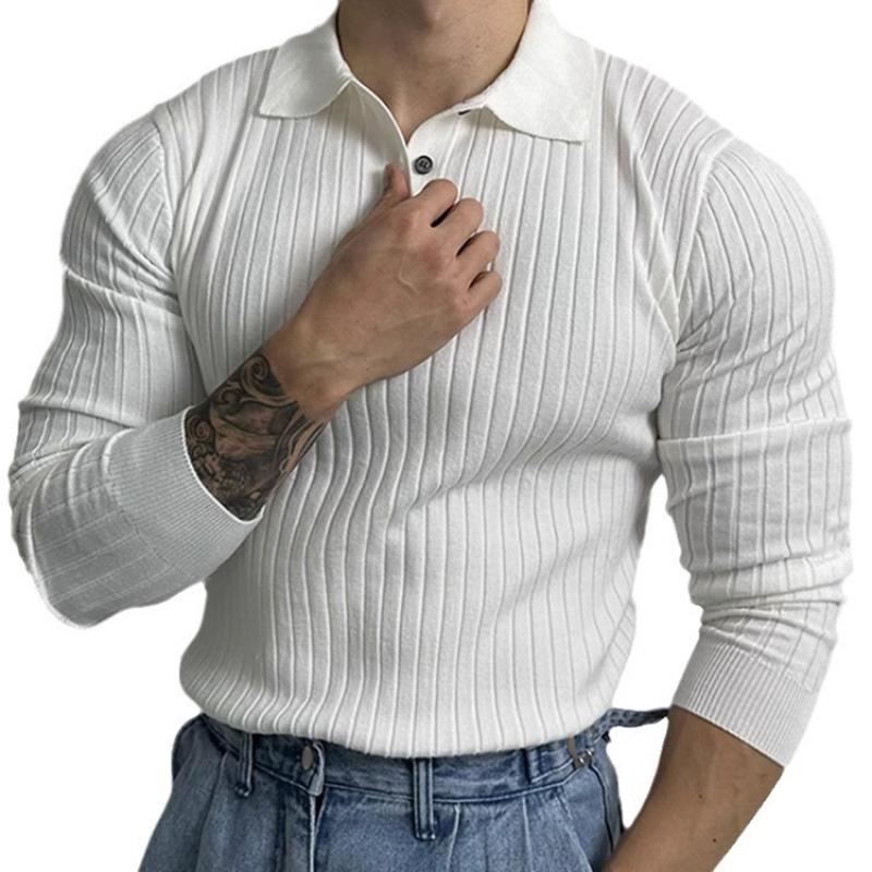 Men's Solid Striped Lapel Long Sleeve Casual Polo Shirt 78081957Z