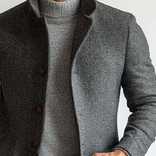 Men's Retro Herringbone Woolen Single-Breasted Mid-Length Coat 25755149Y