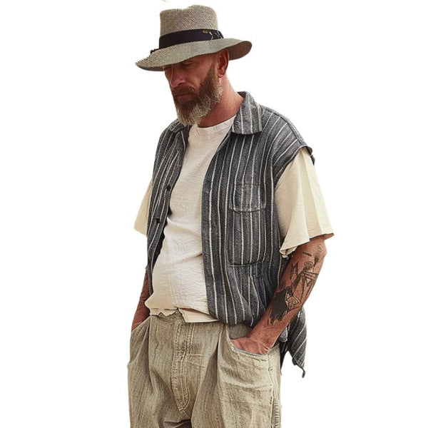 Men's Striped Cotton And Linen Lapel Chest Pocket Single Breasted Vest 31462618Y