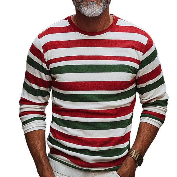 Men's Retro Casual Christmas Stripe Printed Round Neck Long Sleeve T-Shirt 97463573TO