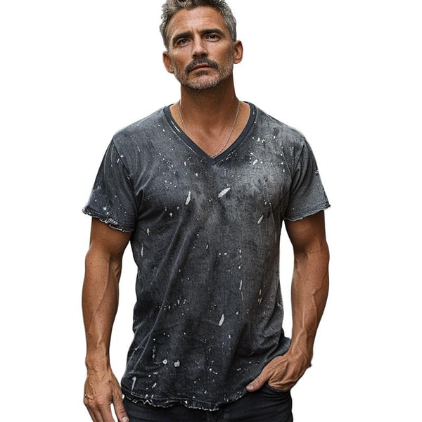 Men's Distressed Washed V-neck Short-sleeved T-shirt 49251311X