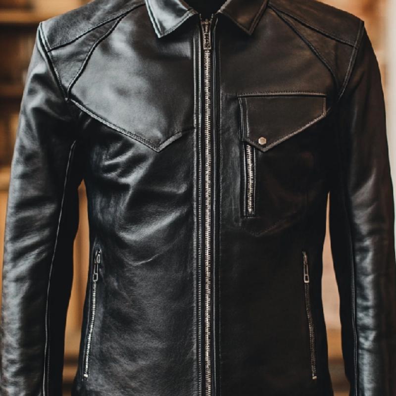 Men's Multi-Pocket Black Lapel Long Sleeve Leather Shirt 24999969F