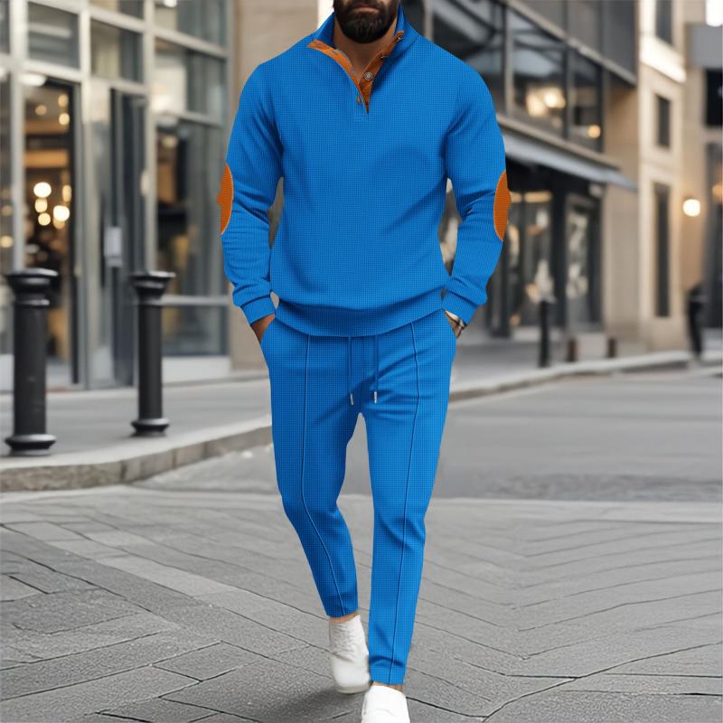 Men's Color Matching Waffle Sweatshirt And Sweatpants Set 09877397Y