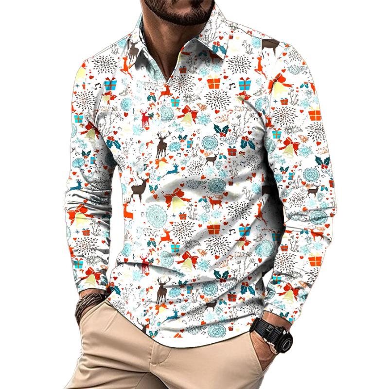 Polo de manga larga con estampado floral navideño retro e informal para hombre 35904676TO