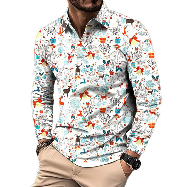 Men's Retro Casual Christmas Floral Print Long Sleeve Polo Shirt 35904676TO