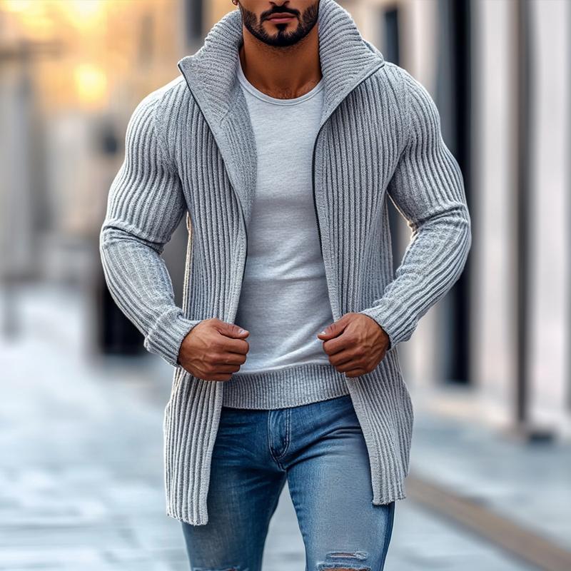 Men's Fashion Stand Collar Solid Striped Long Sleeve Mid-length Knit Cardigan 70689538Z