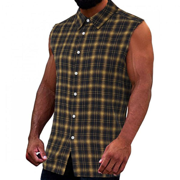 Men's Fashion Plaid Lapel Button Sleeveless Shirt 35683629M
