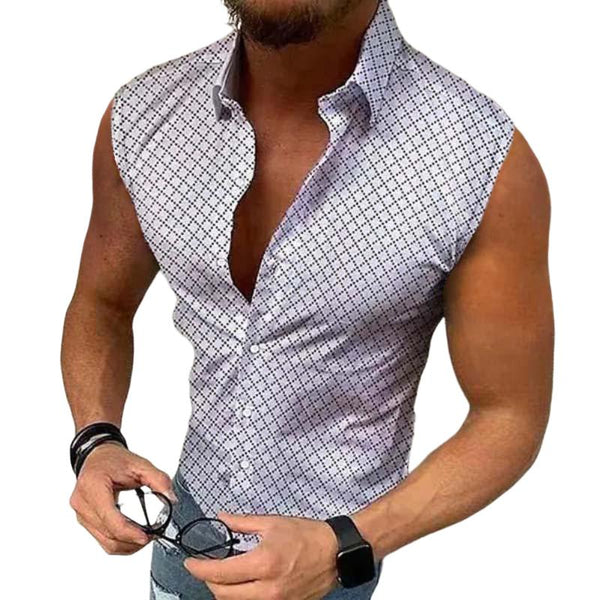 Men's Casual Printed Lapel Short Sleeveless Shirt 43830035TO