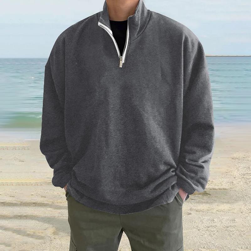 Men's Solid Loose Zipper Stand Collar Long Sleeve Sweatshirt 08658020Z