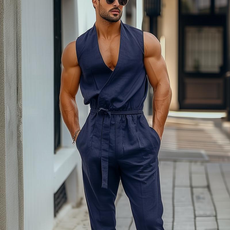 Men's Solid Color V Neck Sleeveless Belt Jumpsuit 91241064Z