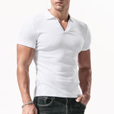 Men's Solid Color Lapel V-Neck Short-Sleeved Polo Shirt 94587381Y