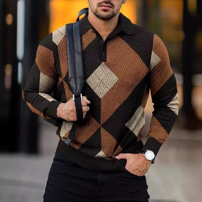 Men's Printed Casual Zipper Long Sleeve Polo Shirt 21020557X