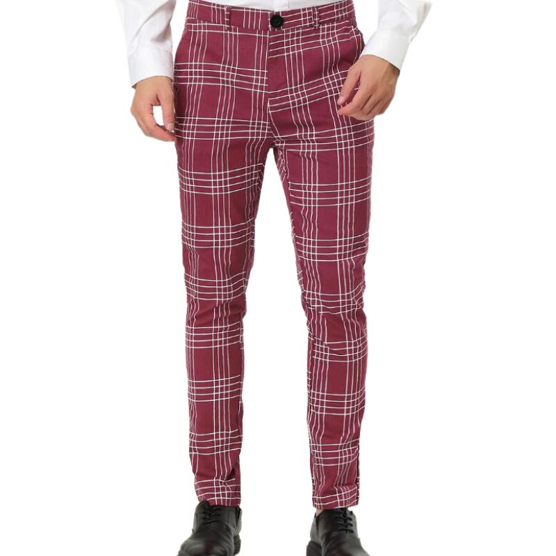 Men's Retro Casual Simple Slim Fit Plaid Skinny Suit Pants 40425148TO