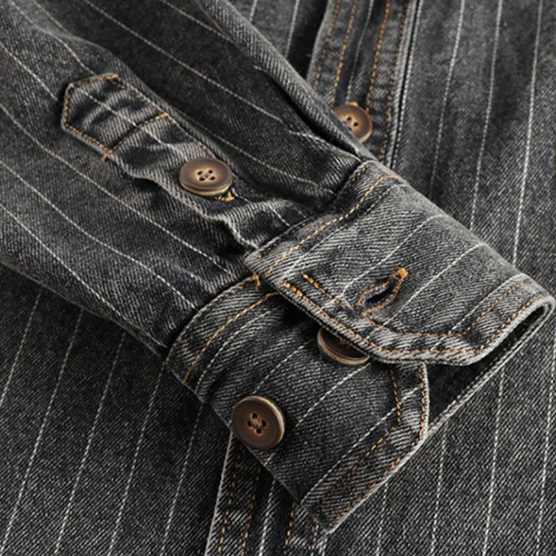 Men's Vintage Washed Striped Flap Pocket Slim Fit Long Sleeve Denim Shirt 32256880M