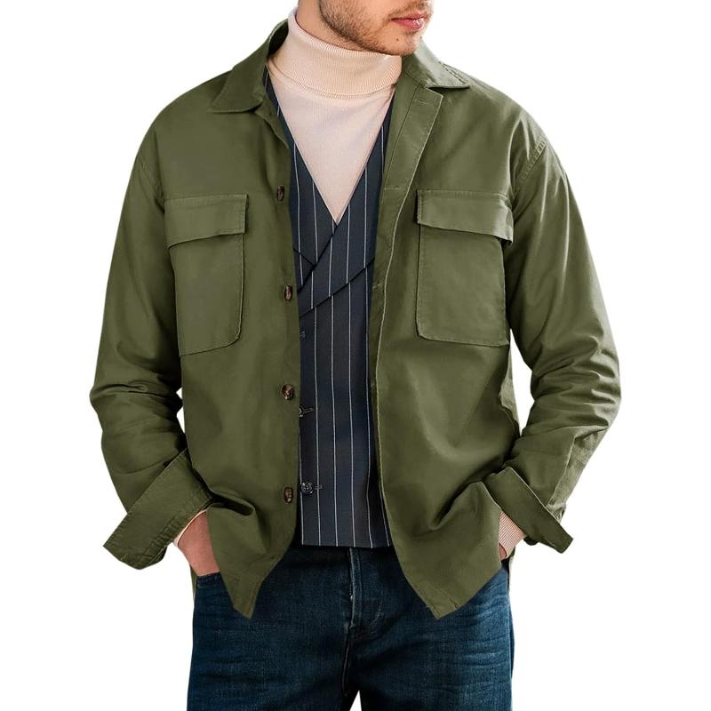 Men's Casual Solid Color Lapel Double Chest Pocket Overshirt Jacket 55514510Y