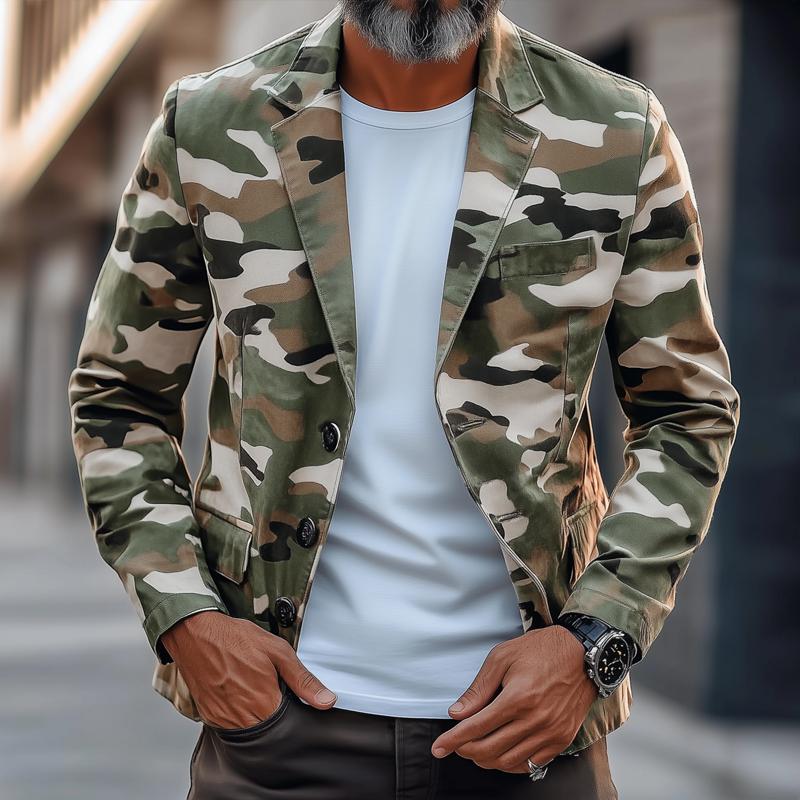 【Expédition 24 heures】Blazer décontracté à revers cranté et à boutonnage simple pour homme, style camouflage rétro 84824708Z