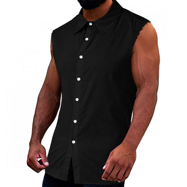 Men's Casual Solid Color Lapel Button Sleeveless Shirt 34558934M